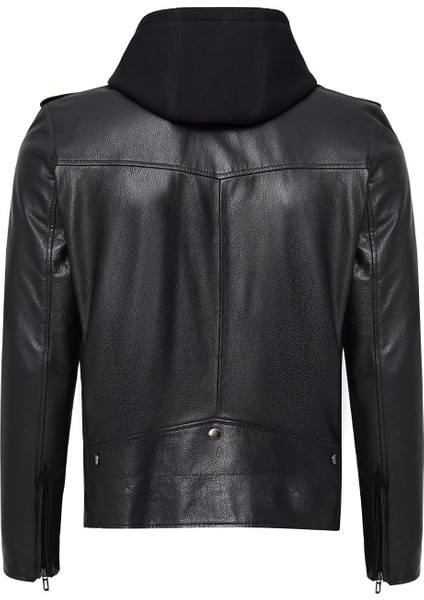Butler Erkek Siyah Kapüşonlu Biker Deri Ceket 24WGF6527FT