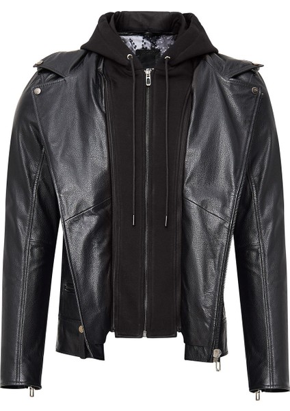Butler Erkek Siyah Kapüşonlu Biker Deri Ceket 24WGF6527FT