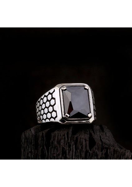925 Ayar Gümüş Petek Model Zirkon Taşlı Model Erkek Yüzük