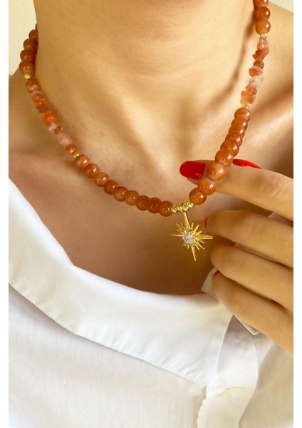 Kutup Yıldızı Uçlu Kristal Cam Boncuk Doğal Taş Kolye - Turuncu fiyatları