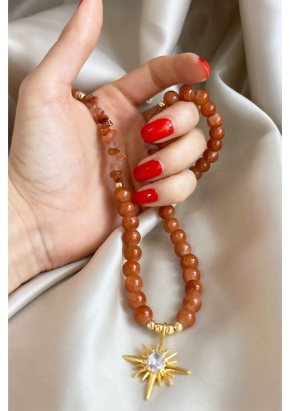 Kutup Yıldızı Uçlu Kristal Cam Boncuk Doğal Taş Kolye - Turuncu modelleri