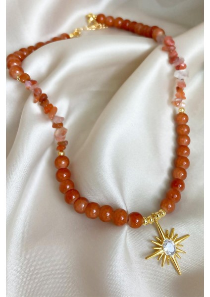 Kutup Yıldızı Uçlu Kristal Cam Boncuk Doğal Taş Kolye - Turuncu fırsatları