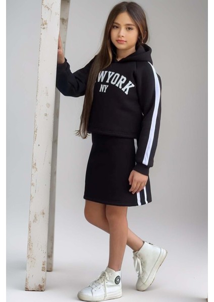 Kız Çocuk New York Baskılı Kapüşonlu Sweatshirt Ip Askılı Penye Kumaş Elbise 2li Siyah Takım fırsatları