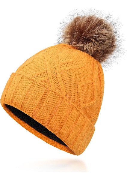 Peluş Örme Şapka Sonbahar ve Kış Büyük Kürk Topu Kulak Koruyucu Moda Kadın Sıcak Kalınlaşmış Yün Şapka (Yurt Dışından)