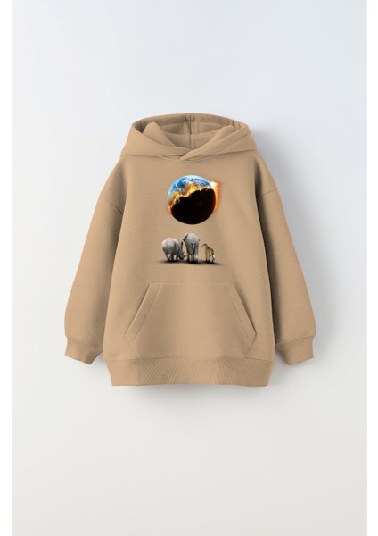 Bej Kapüşonlu Içi Polar Burning World And Animals Baskılı Unisex Çocuk Sweatshirt