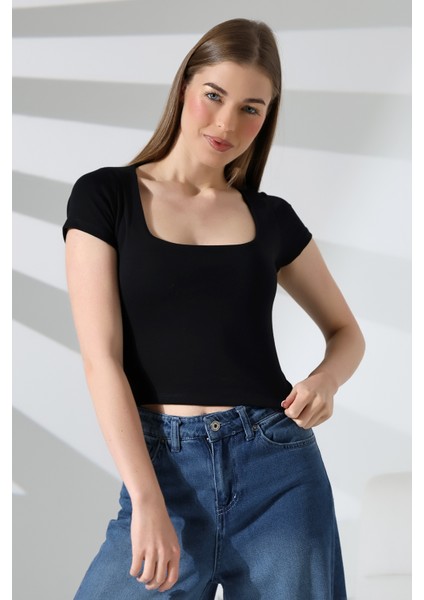 Kare Yaka Likralı Ribana Kumaş Kadın T-Shirt 21804 Siyah