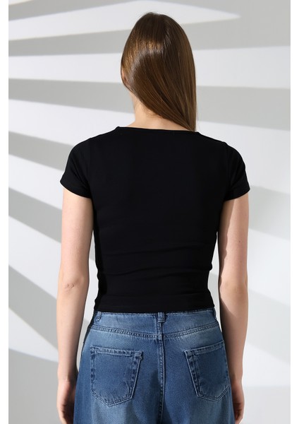 Kare Yaka Likralı Ribana Kumaş Kadın T-Shirt 21804 Siyah
