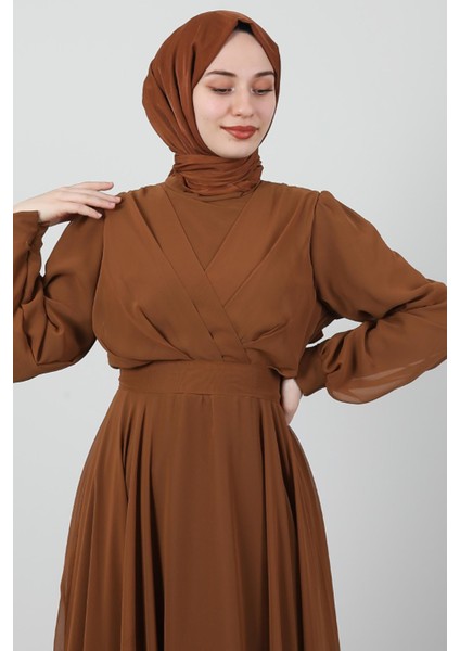 Önü Çapraz Şifon Elbise Hardal indirimleri