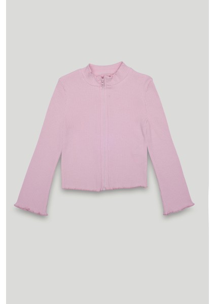 Fermuarlı Dik Yaka kaşkorse pembe Hırka