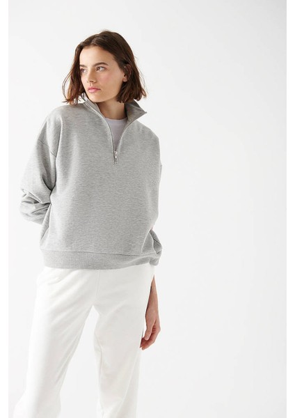 Kadın Siyah Sweatshirt Oversize Yarım Fermuarlı Pamuk modelleri