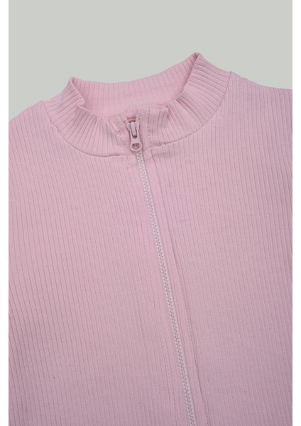 Fermuarlı Dik Yaka kaşkorse pembe Hırka