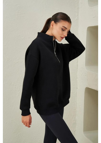 Kadın Siyah Sweatshirt Oversize Yarım Fermuarlı Pamuk