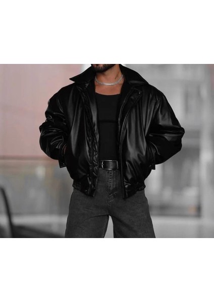 Erkek Oversize Vintage Siyah Deri Ceket