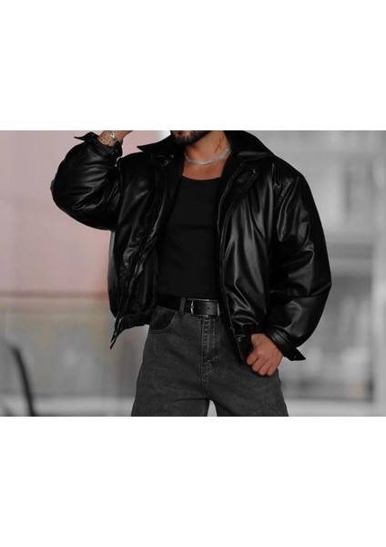 Erkek Oversize Vintage Siyah Deri Ceket