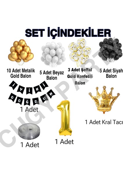 Gold Siyah Kral & Kraliçe Taçlı 1 Yaş Seçenekli Dogum Günü Parti Kutlama Seti