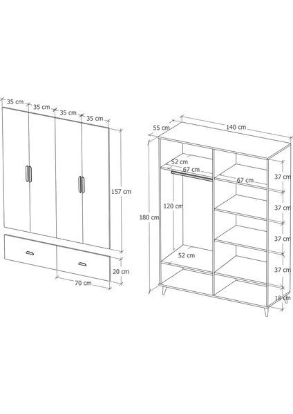 Inci 4 Kapaklı 2 Çekmeceli Gardırop Beyaz %100 Mdf