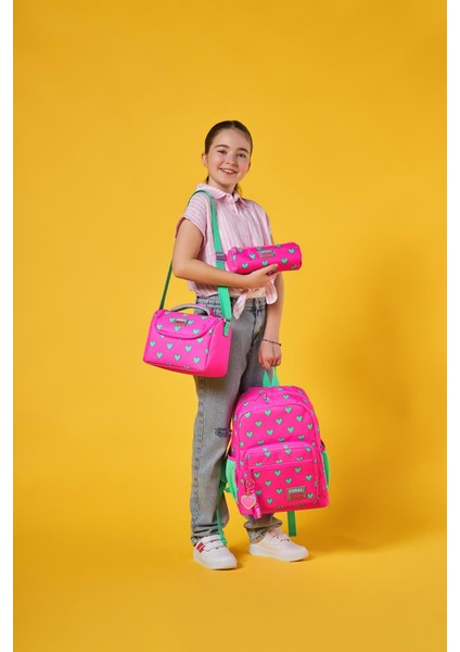 Neon Pembe Su Yeşili Kalp Desenli 3’lü Okul Çanta Seti