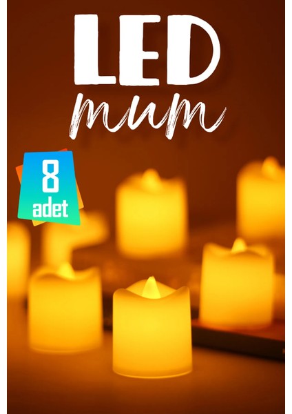 LED Mum Seti Pilli Dumansız Alevli 8 Adet Mat Beyaz Mini Ledli Dekoratif Yapay Mum Dekor Işığı