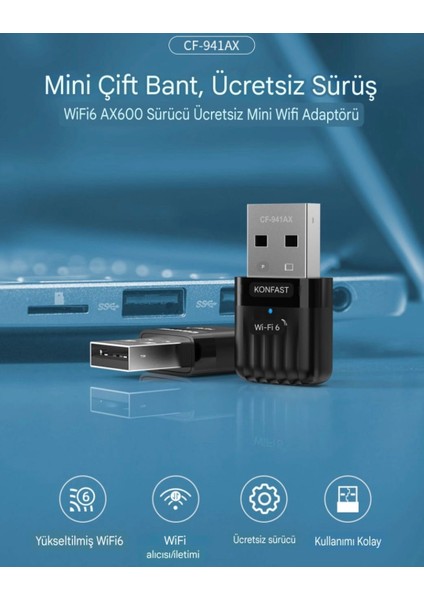 941AX Wifi-6 Mini Wifi Adaptörü CE Sertifikalı Süper Hızlı Çift Bant 600Mbps/5Ghz/2.4Ghz