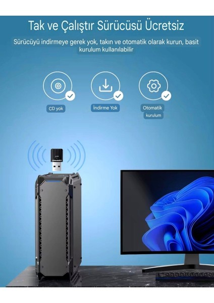 941AX Wifi-6 Mini Wifi Adaptörü CE Sertifikalı Süper Hızlı Çift Bant 600Mbps/5Ghz/2.4Ghz