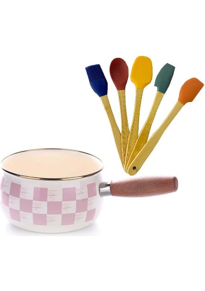 Emaye Sos Tavası Pembe Dama Desen 14 Cm Ve Silikon Spatula Set