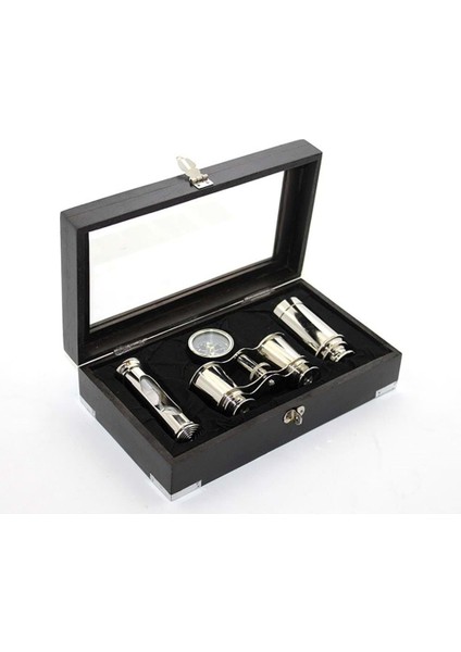 Ahşap Kutulu Pirinç Dürbün Pusula ve Kumsaati Seti