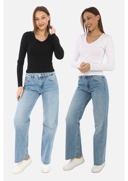 V Yaka Slim Fit Tişört 2'li Satış-Siyah-Beyaz