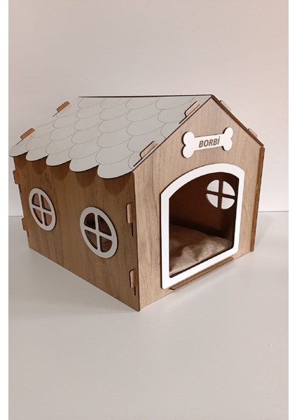 Süper Set Ahşap Dekoratif Köpek Evi-Kulübesi Minder ve Zincir Tasma (Modena-Beyaz)
