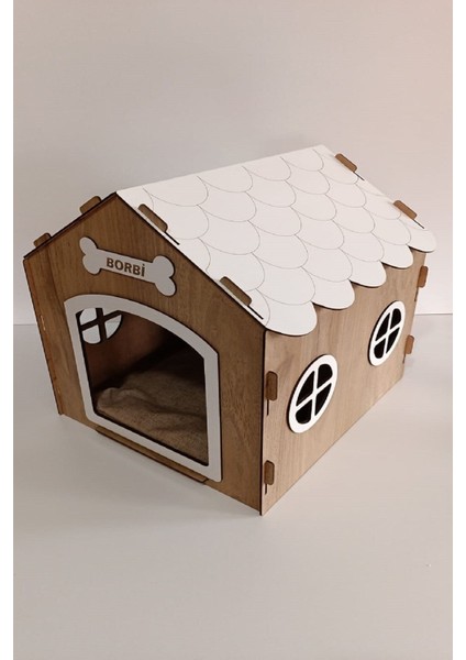 Süper Set Ahşap Dekoratif Köpek Evi-Kulübesi Minder ve Zincir Tasma (Modena-Beyaz)