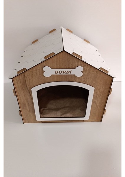 Süper Set Ahşap Dekoratif Köpek Evi-Kulübesi Minder ve Zincir Tasma (Modena-Beyaz)