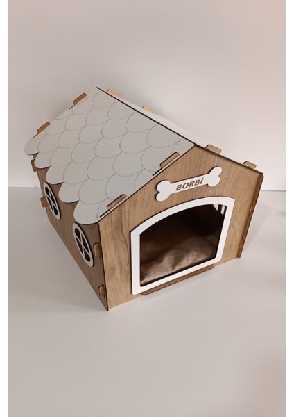 Süper Set Ahşap Dekoratif Köpek Evi-Kulübesi Minder ve Zincir Tasma (Modena-Beyaz)