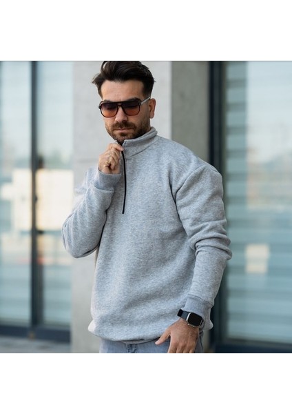 Düz Renk Yakası Fermuarlı Oversize Erkek Sweatshirt