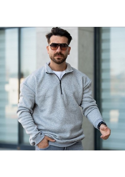 Düz Renk Yakası Fermuarlı Oversize Erkek Sweatshirt