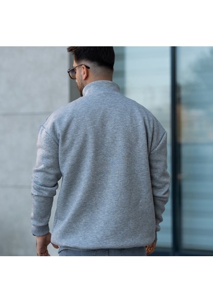 Düz Renk Yakası Fermuarlı Oversize Erkek Sweatshirt