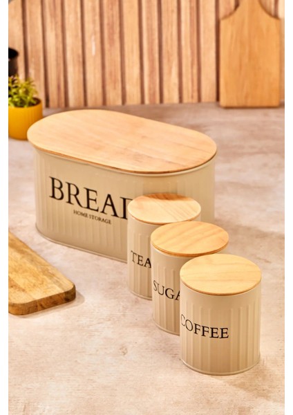 Ahşap Kapaklı Metal Ekmeklik, Çay, Kahve, Şeker 4'lü Kavanoz Saklama Kabı Set Kahverengi