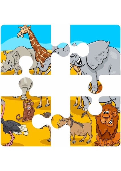 Fil, Aslan, Zürafa, Maymun Sevimli Hayvanlar 4 Parça Yapboz Ilk Puzzle, Kolay Puzzle