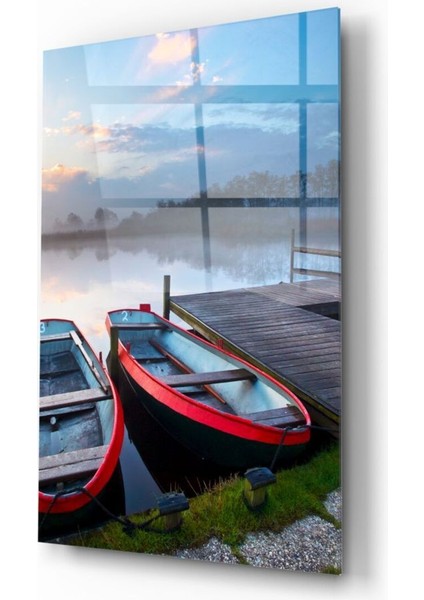 Göl ve Kayıklar Manzara Cam Tablo