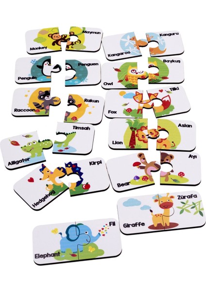 Hayvanlar Alemi Ahşap Ikili Puzzle Seti Ingilizce Türkçe