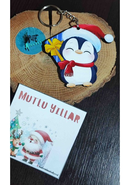 Yeni Yıl, Yılbaşı Figürlü Ahşap Noel Şapkalı Penguen Anahtarlık, Hediyelik fiyatları