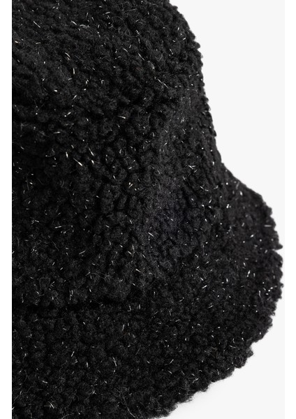 Peluş Bucket Şapka Kadın Polyester Malzeme ile Şık ve Rahat Siyah Desenli modelleri