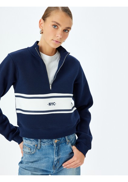 Uzun Kollu Renk Bloklu Yarım Fermuarlı Sweatshirt