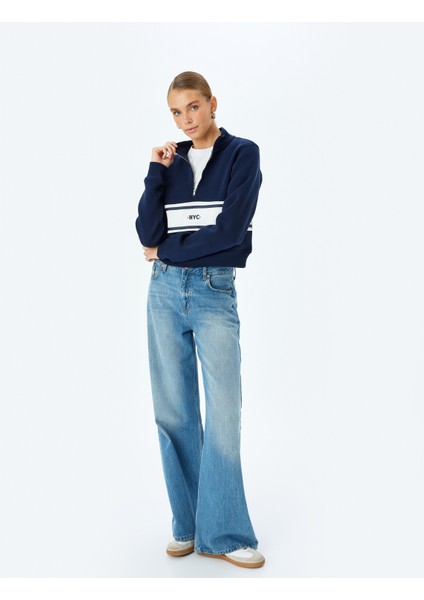 Uzun Kollu Renk Bloklu Yarım Fermuarlı Sweatshirt