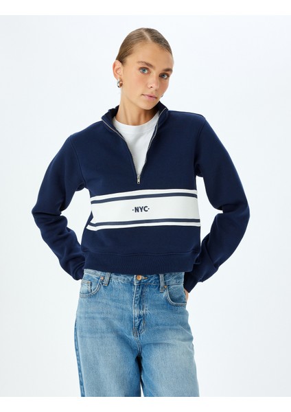 Uzun Kollu Renk Bloklu Yarım Fermuarlı Sweatshirt