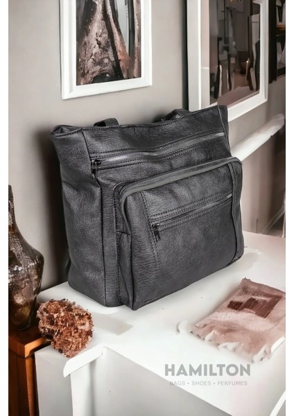 Orijinal Kadın Elde Çift Kulplu Dört Gözlü Yumuşak Deri Şık Geniş Büyük Boy Omuz Çanta