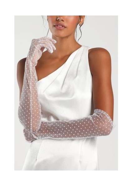 Uzun Boy Beyaz Puantiyeli Beyaz Renk Yetişkin Tül Eldiven modelleri