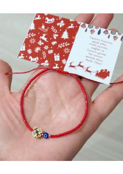 Lacivert Minik Nazar Boncuklu Zirkon Taşlı Yonca Miyuki Boncuklu Yılbaşı Bileklik