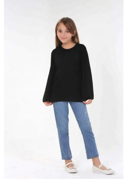 Kız Çocuk Uzun Kollu Bisiklet Yaka Pamuklu Baskısız Tişört