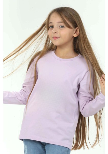 Kız Çocuk Uzun Kollu Bisiklet Yaka Pamuklu Baskısız Tişört