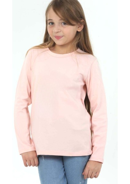 Kız Çocuk Uzun Kollu Bisiklet Yaka Pamuklu Baskısız Tişört