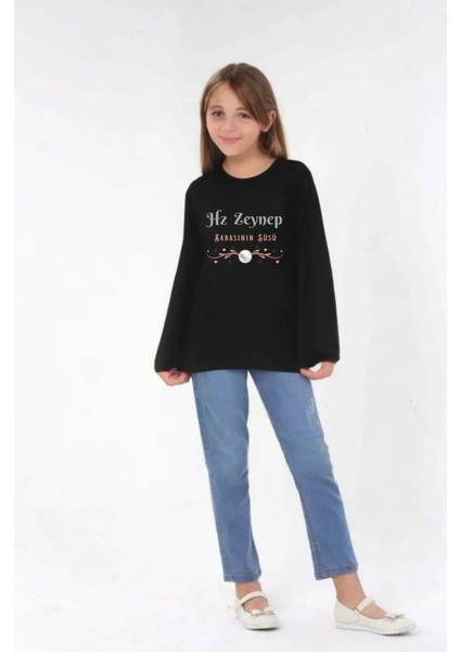 Kız Çocuk Uzun Kollu Bisiklet Yaka "hz Zeynep" Baskılı Tişört Mevsimlik Pamuklu Özel Tasarım
